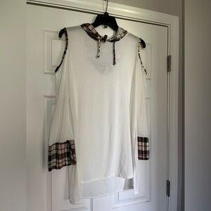White Cold Shoulder Hoodie Tunic with Pink Plaid Trim
